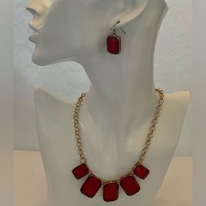 Red Gold Tone Necklace and Earring Set